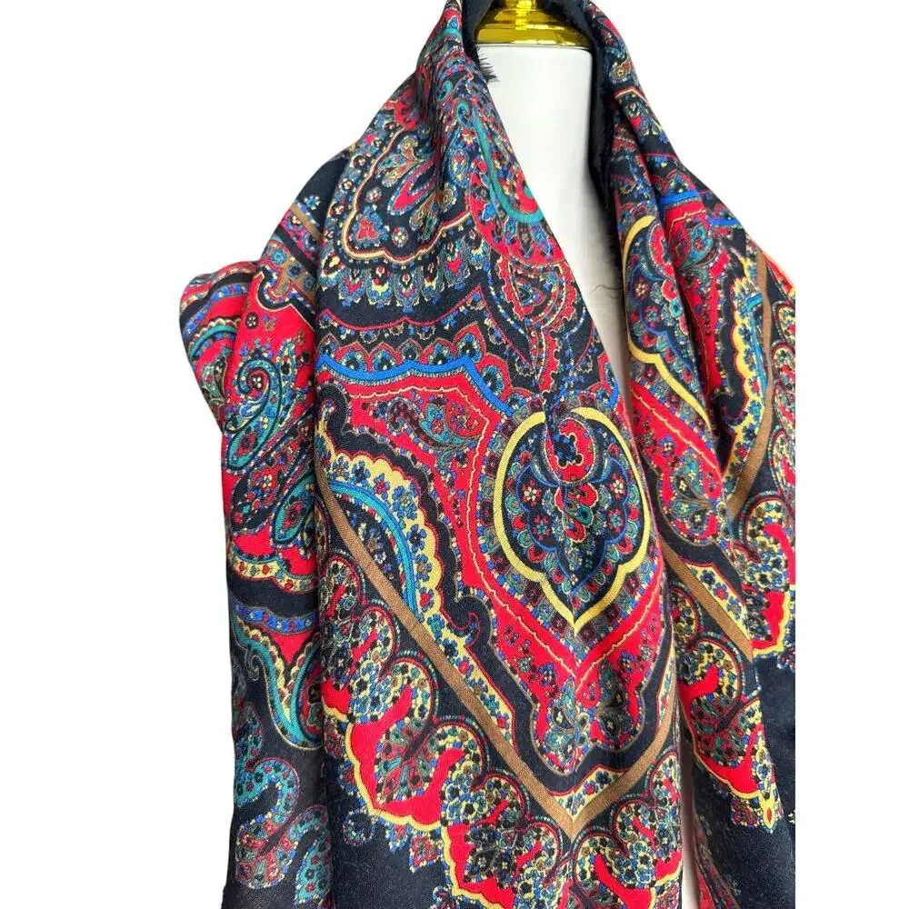 Vintage Specialty House Pure Wool Paisley Black Red Wrap Scarf Made in Italy